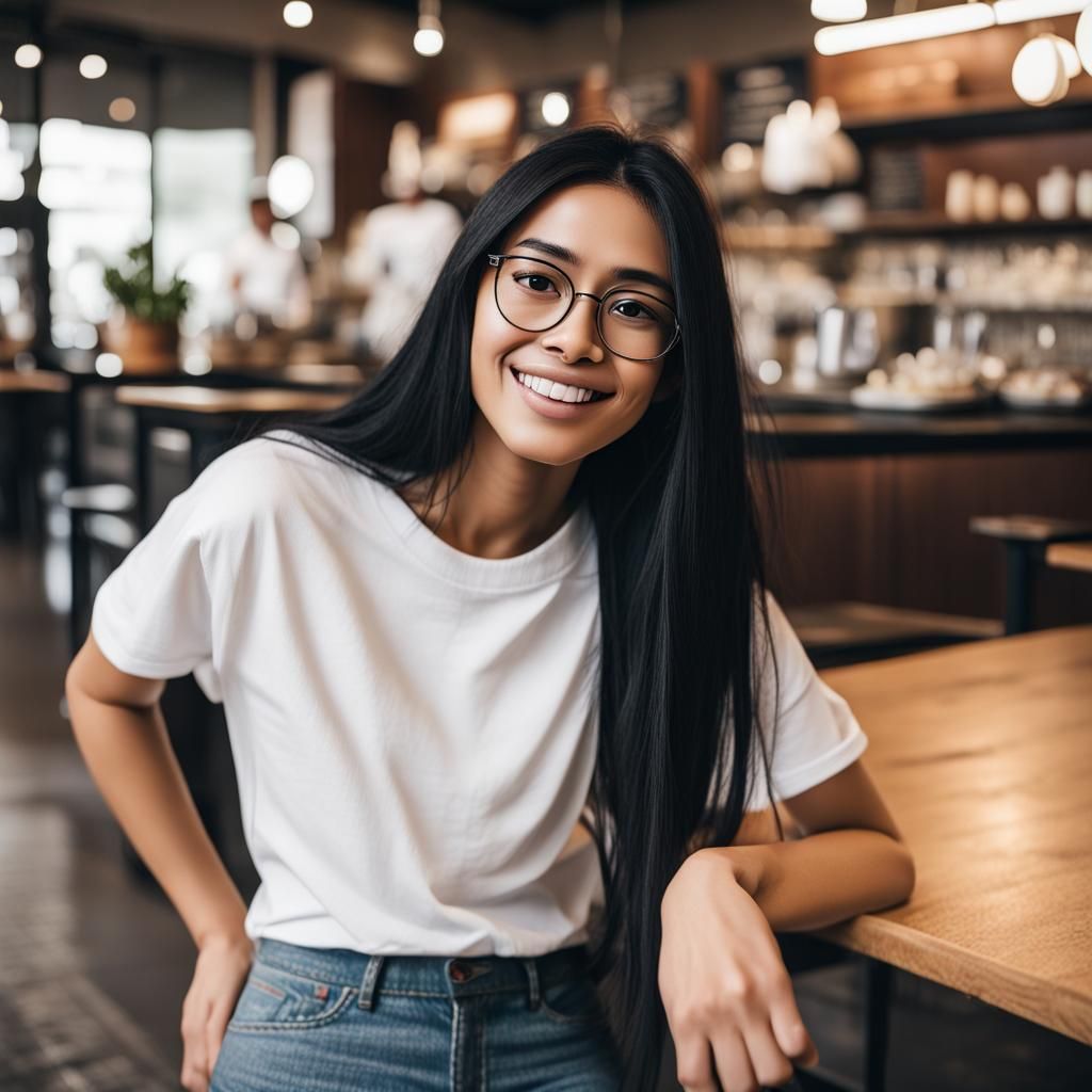 Girl with Glasses Smiling in a Cafe