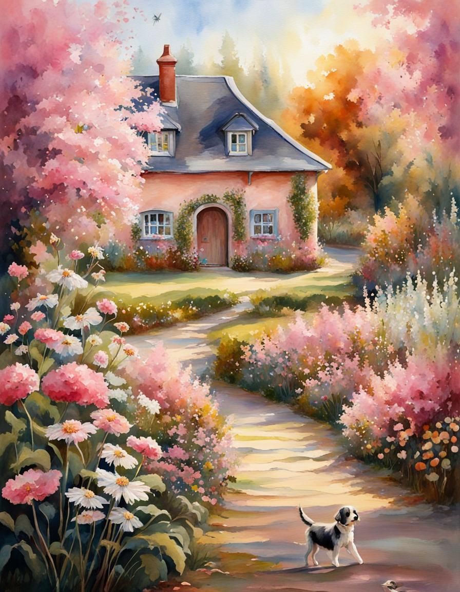 Fairytale Forest Scene with Puppy in Watercolor Style