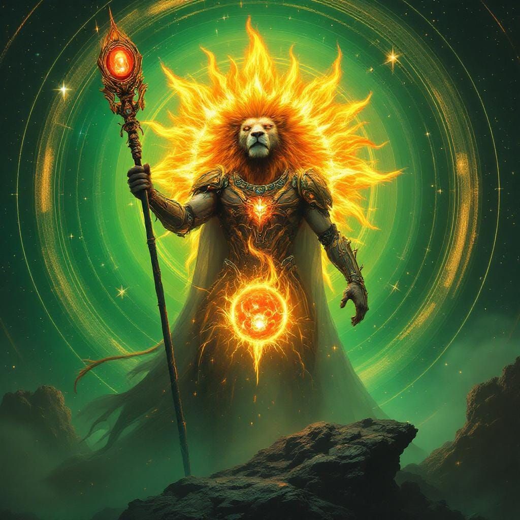 Cyborg Lion with Fiery Mane and Scepter