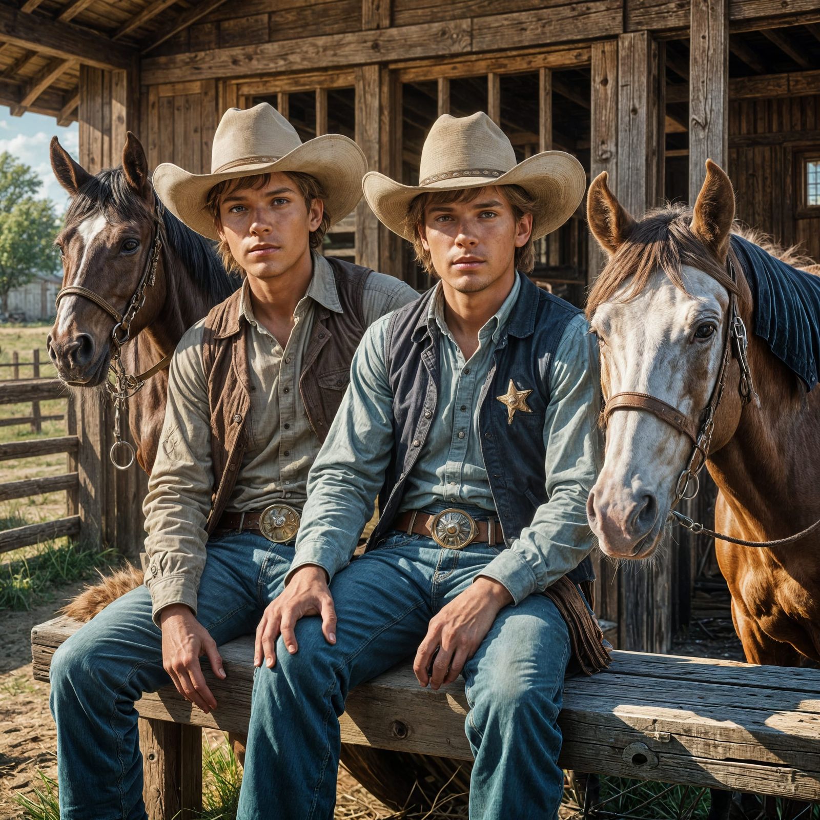 Cowboys with Farm Horse in Hyperrealistic Splash Art