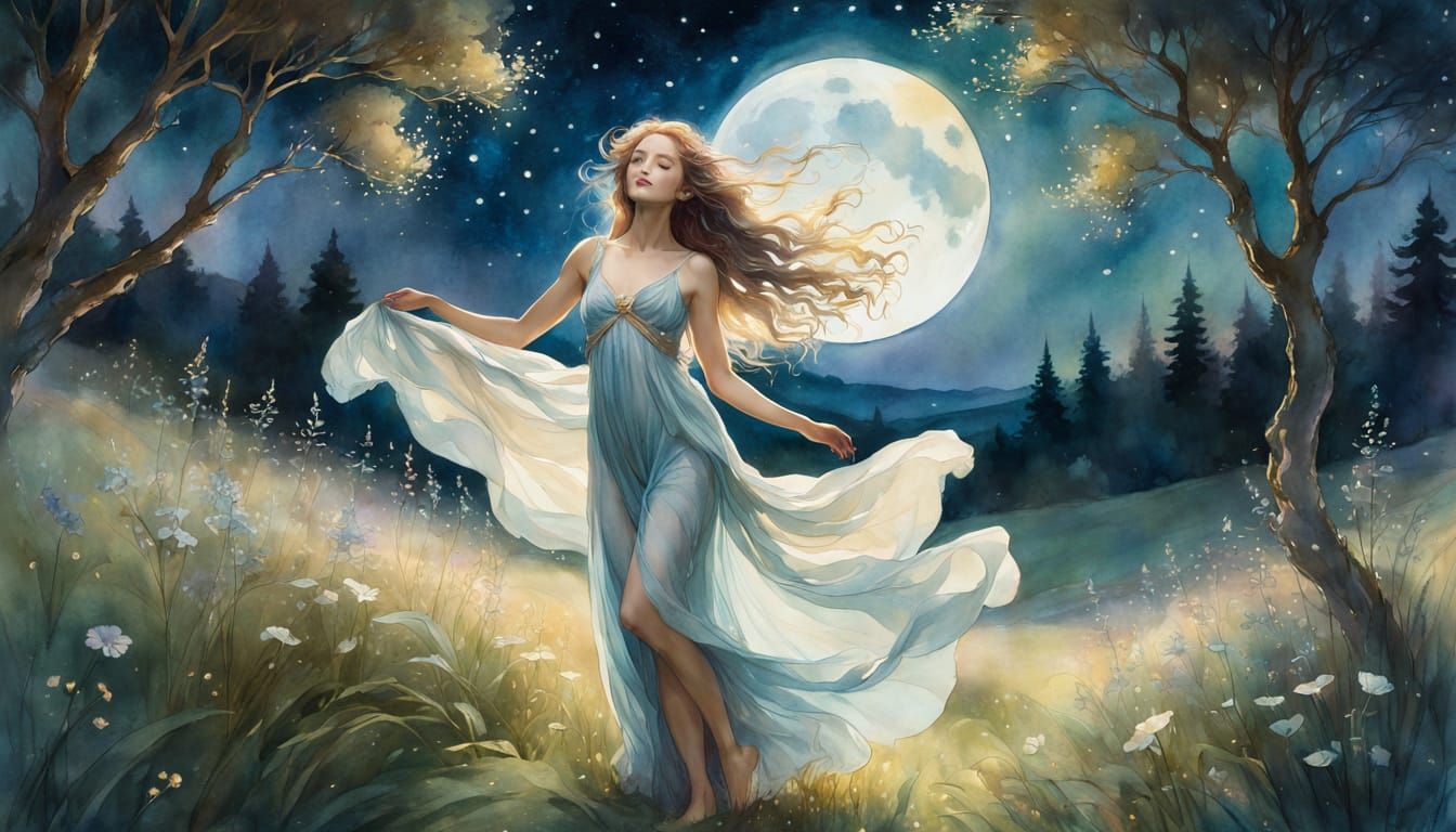 Ethereal Nymph Dances Under Moonlit Skies in Dreamy Pastel H...