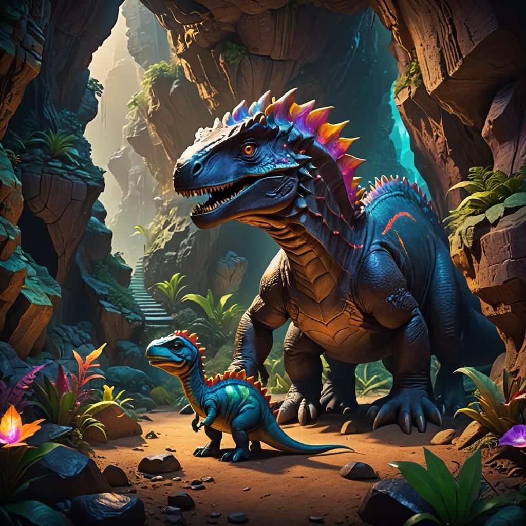 Baby Dino Discovers Crystal Cave: Fantasy Concept Art