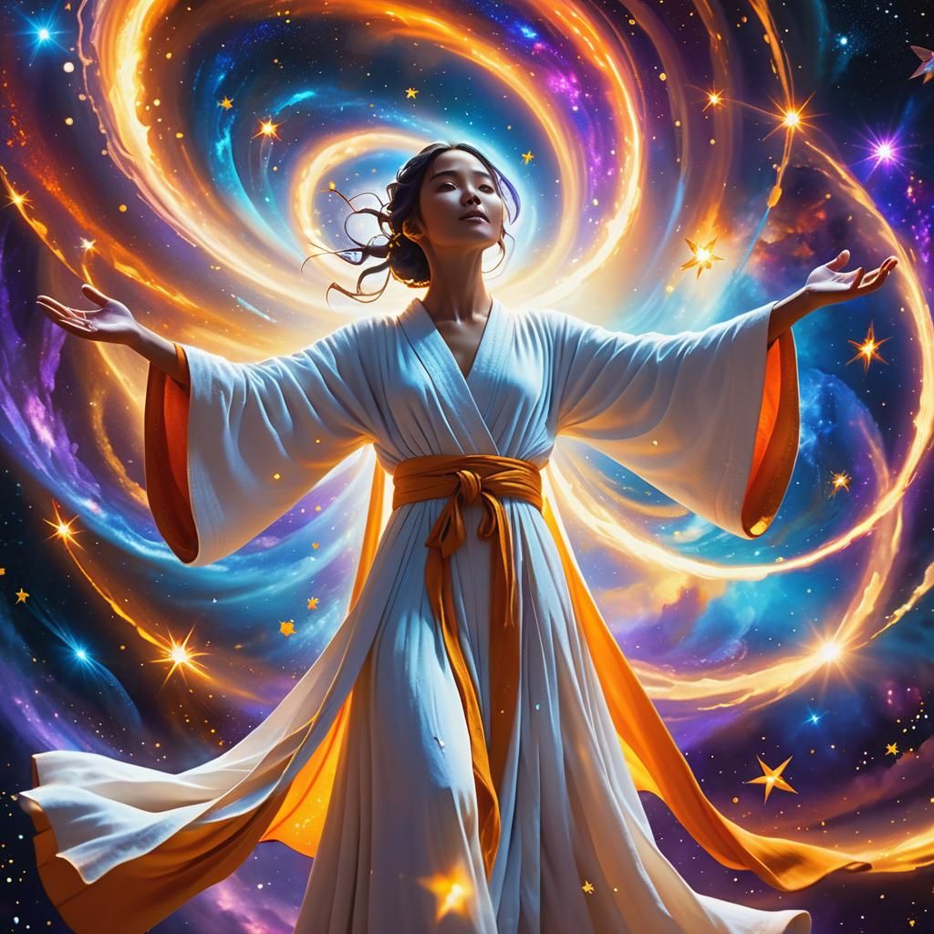 Celestial Woman in Cosmic Vortex: Dreamlike Concept Art