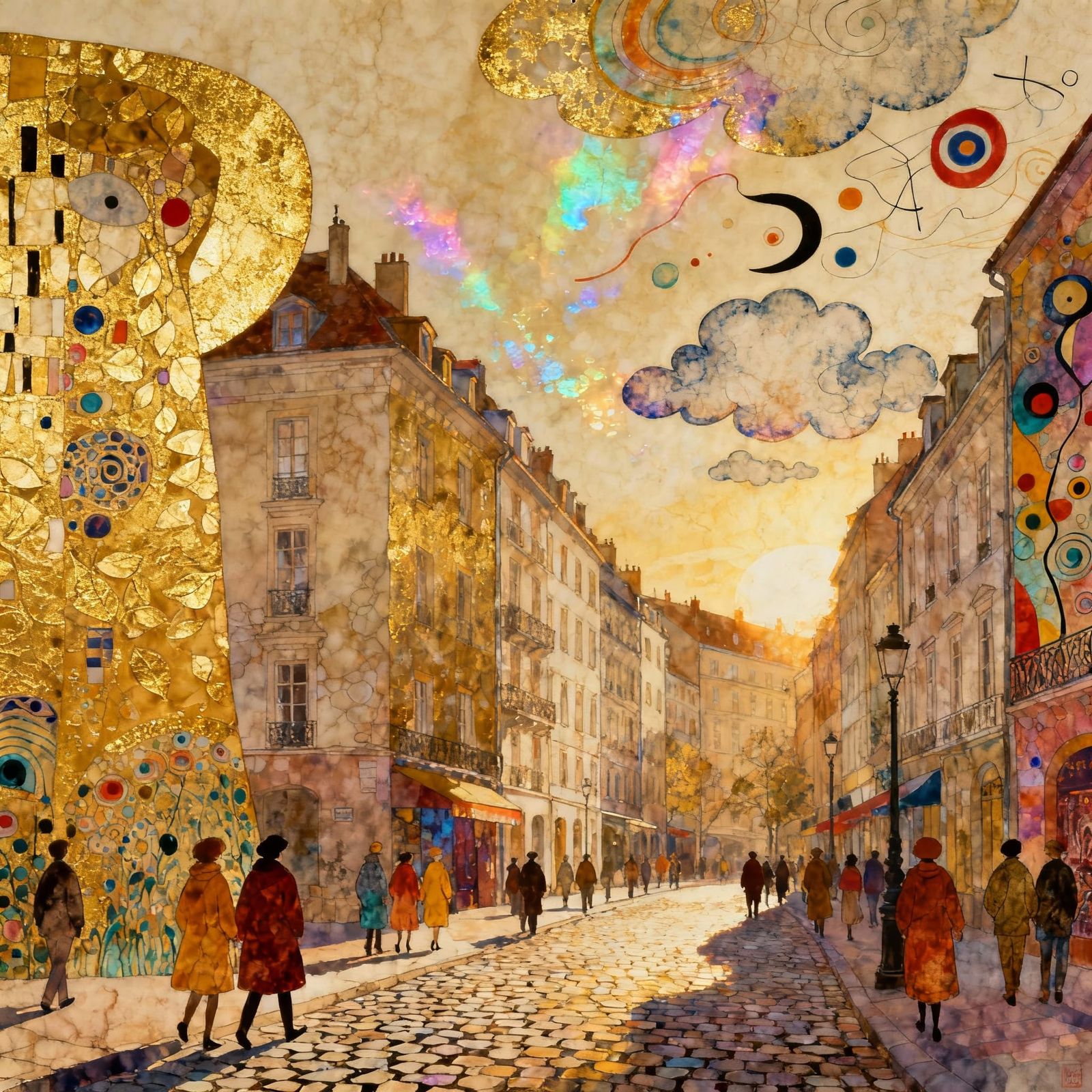 Golden Cityscape with Whimsical Pedestrians in Batik Colors