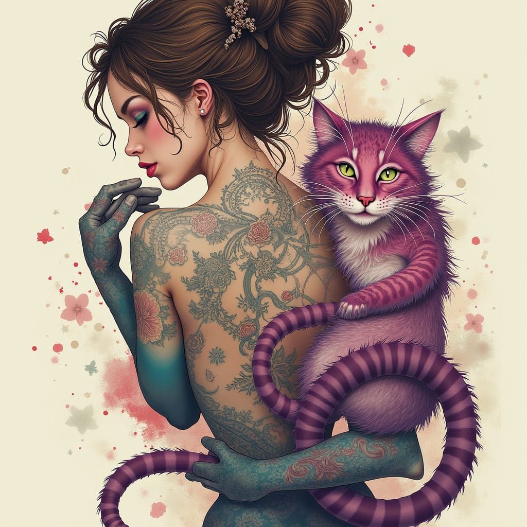 Woman's Cheshire Cat Tattoo: Dreamlike Surrealist Illustrati...