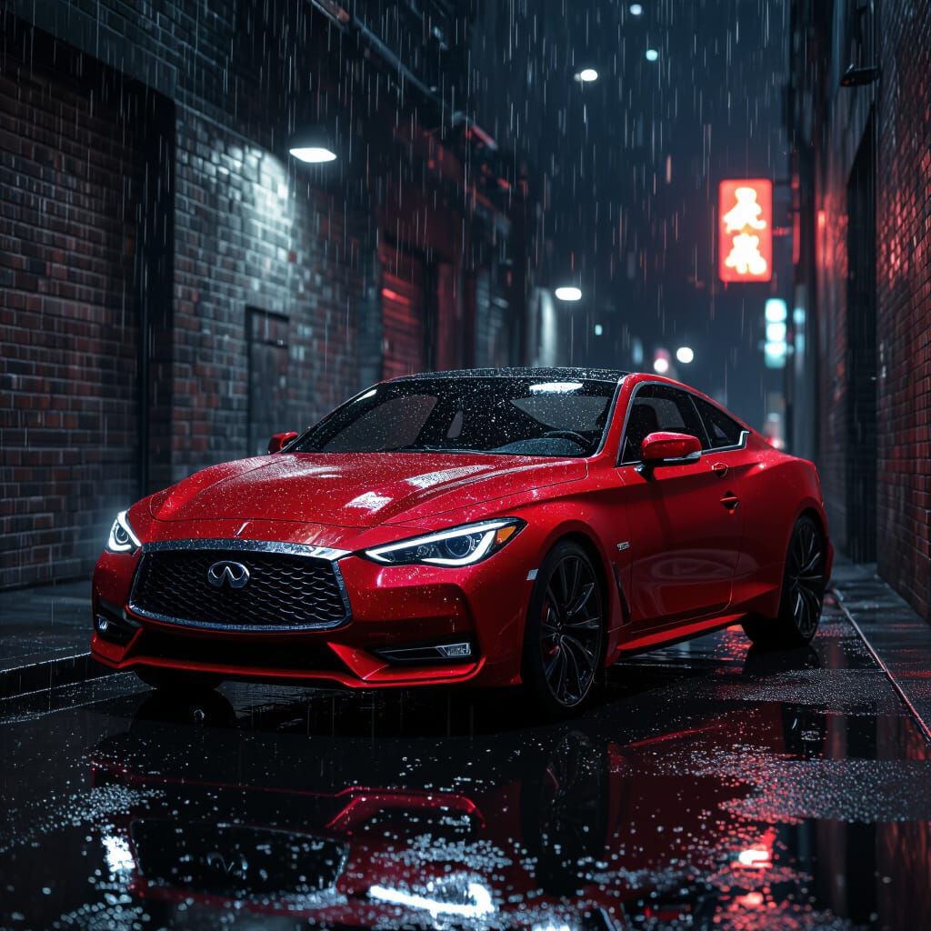 Red Infiniti Q60 Red Sport in Rain-Soaked Alley