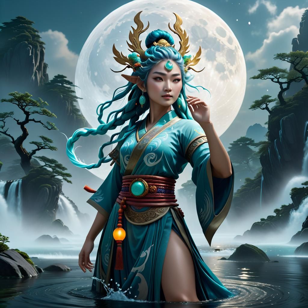 Asian Water Genasi Druid in Detailed Digital Painting