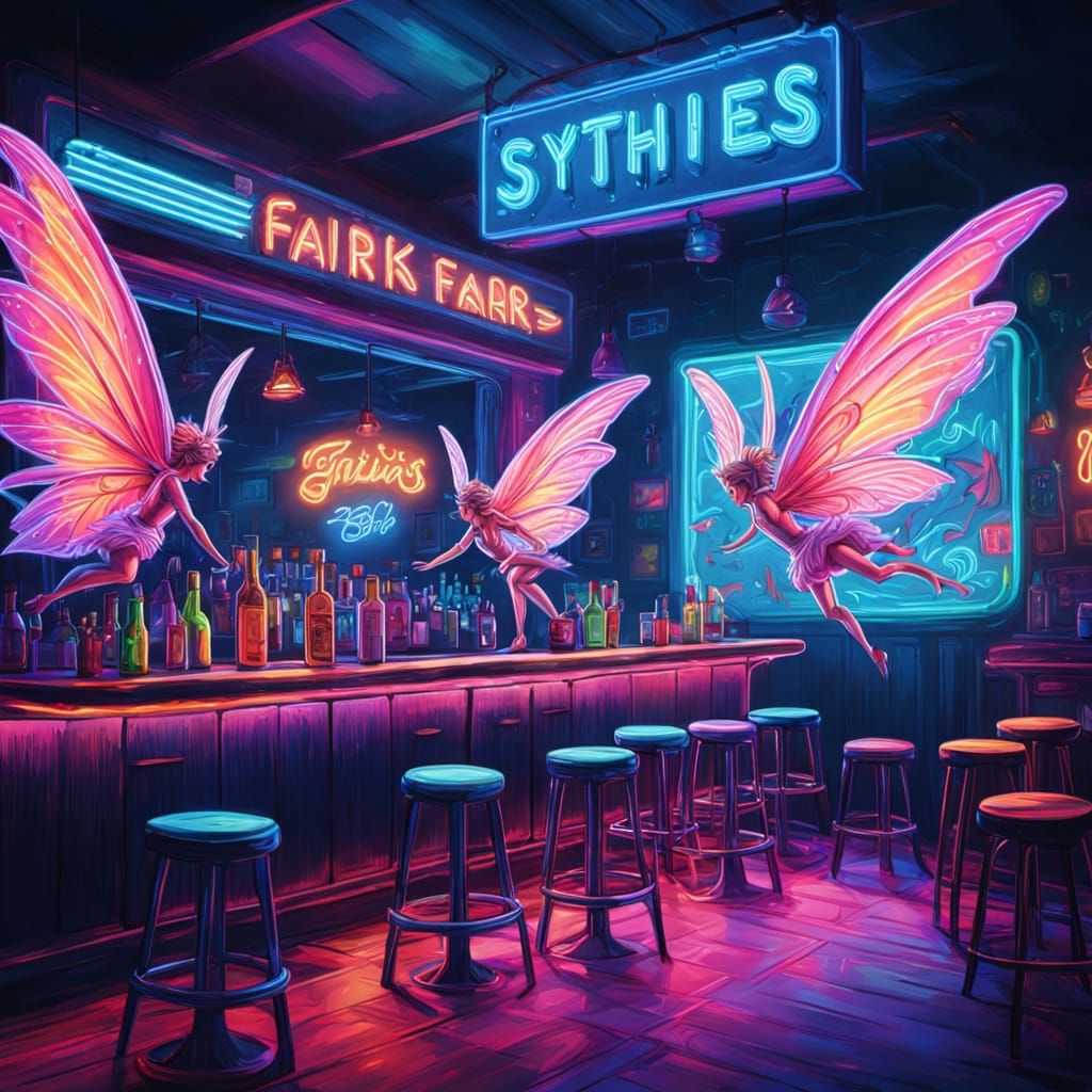 Fairies at a Retro Synthwave Neon Bar