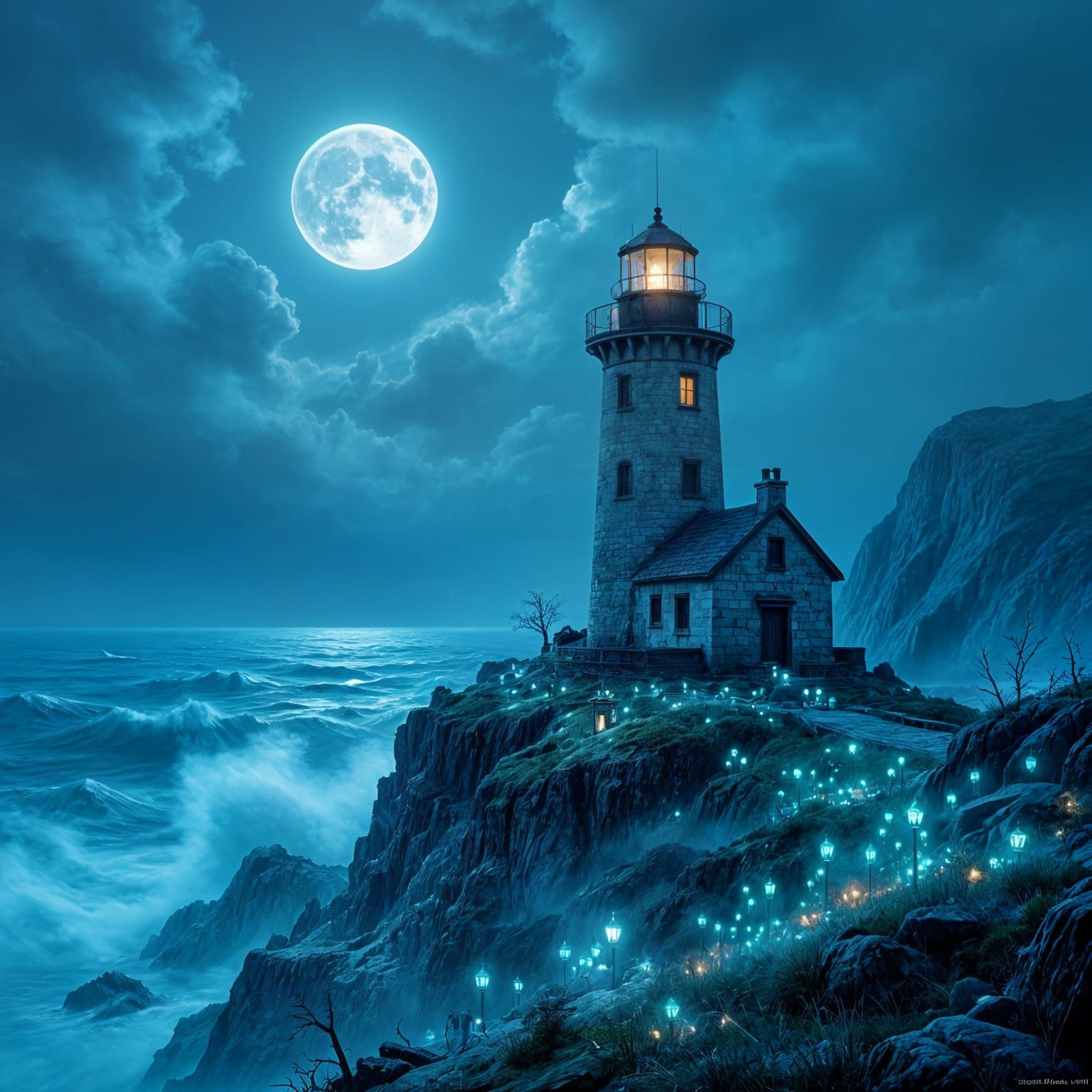 Mysterious Lighthouse on Craggy Cliffs with Twin Moons