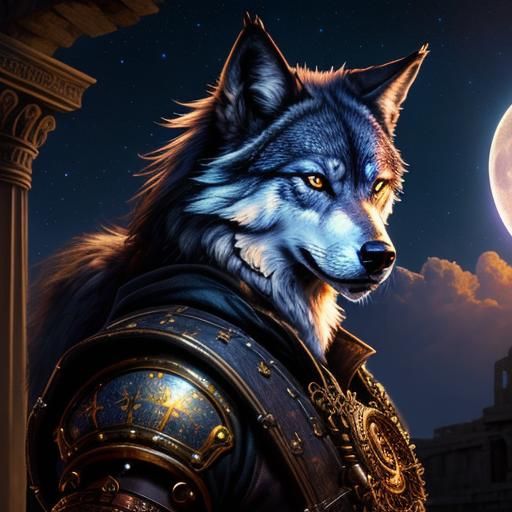 Steampunk Wolf Under Starry Sky, Roman Architecture