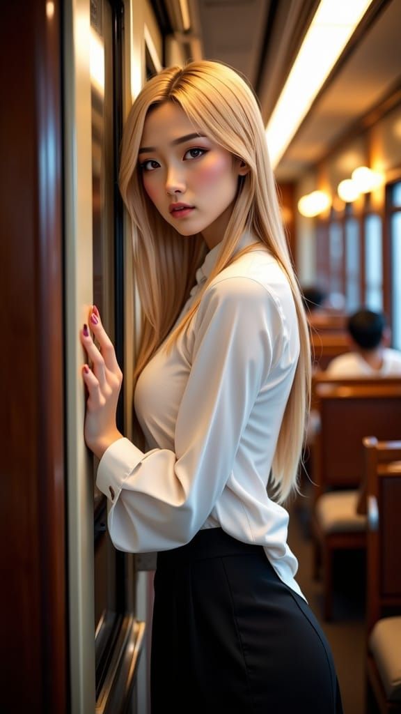 Blonde Japanese Woman Poses by Train Door