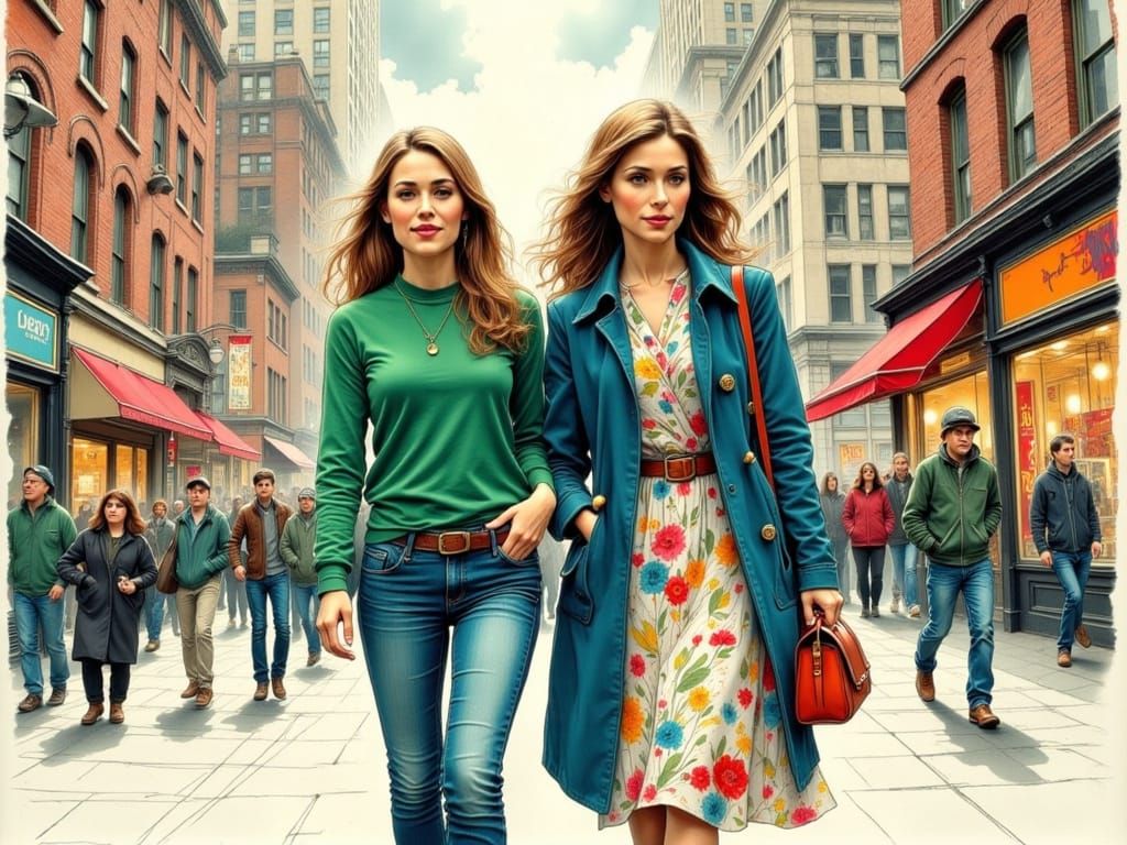 Mother and Daughter at Rockefeller Center, Ink Art