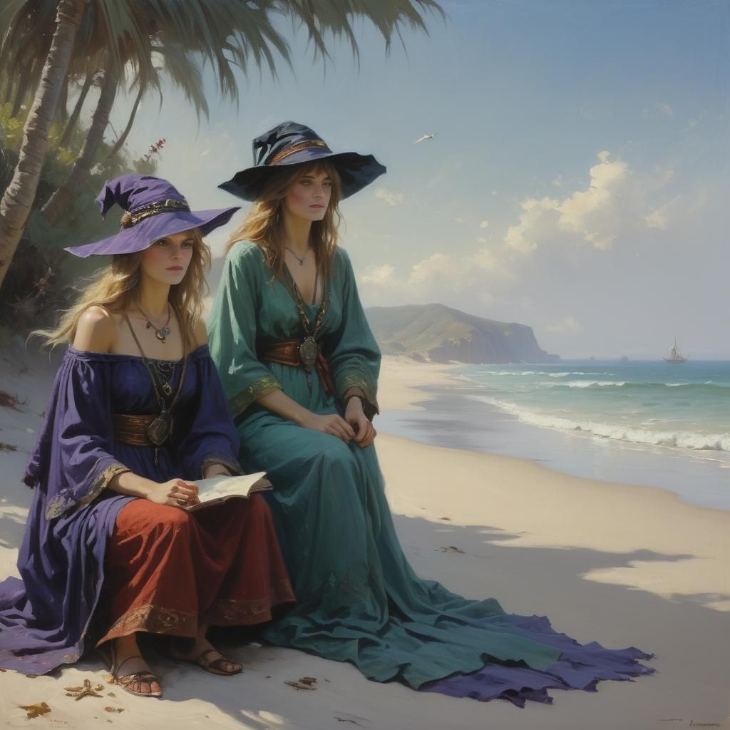 Sorceresses on a Beach, in Oil Painting Style