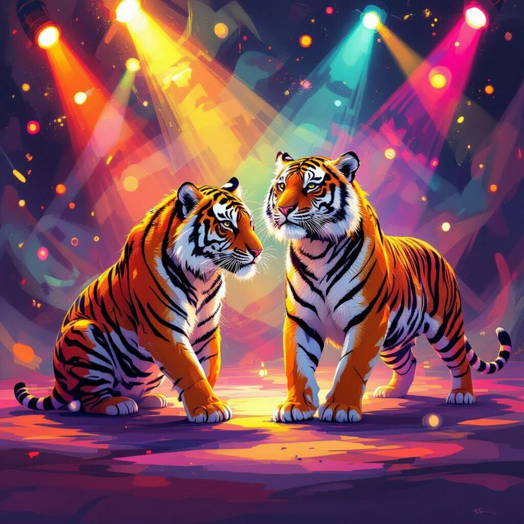 Vibrant Circus Tigers Morphing: Surreal Dreamscape