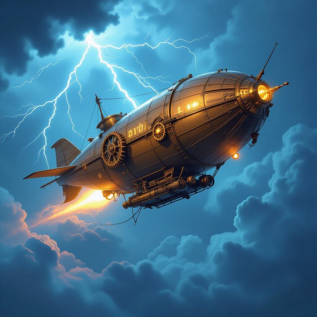 Clockwork Airship Soaring Through Stormy Skies
