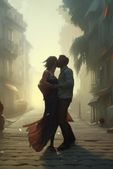 Romantic Couple Sharing a Kiss, Art Nouveau Style