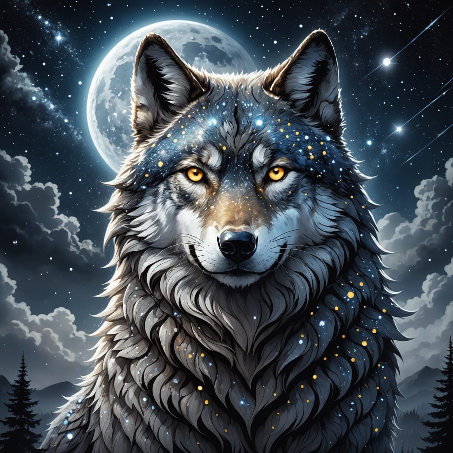 Wolf Face Merging with Night Sky in Anime Style