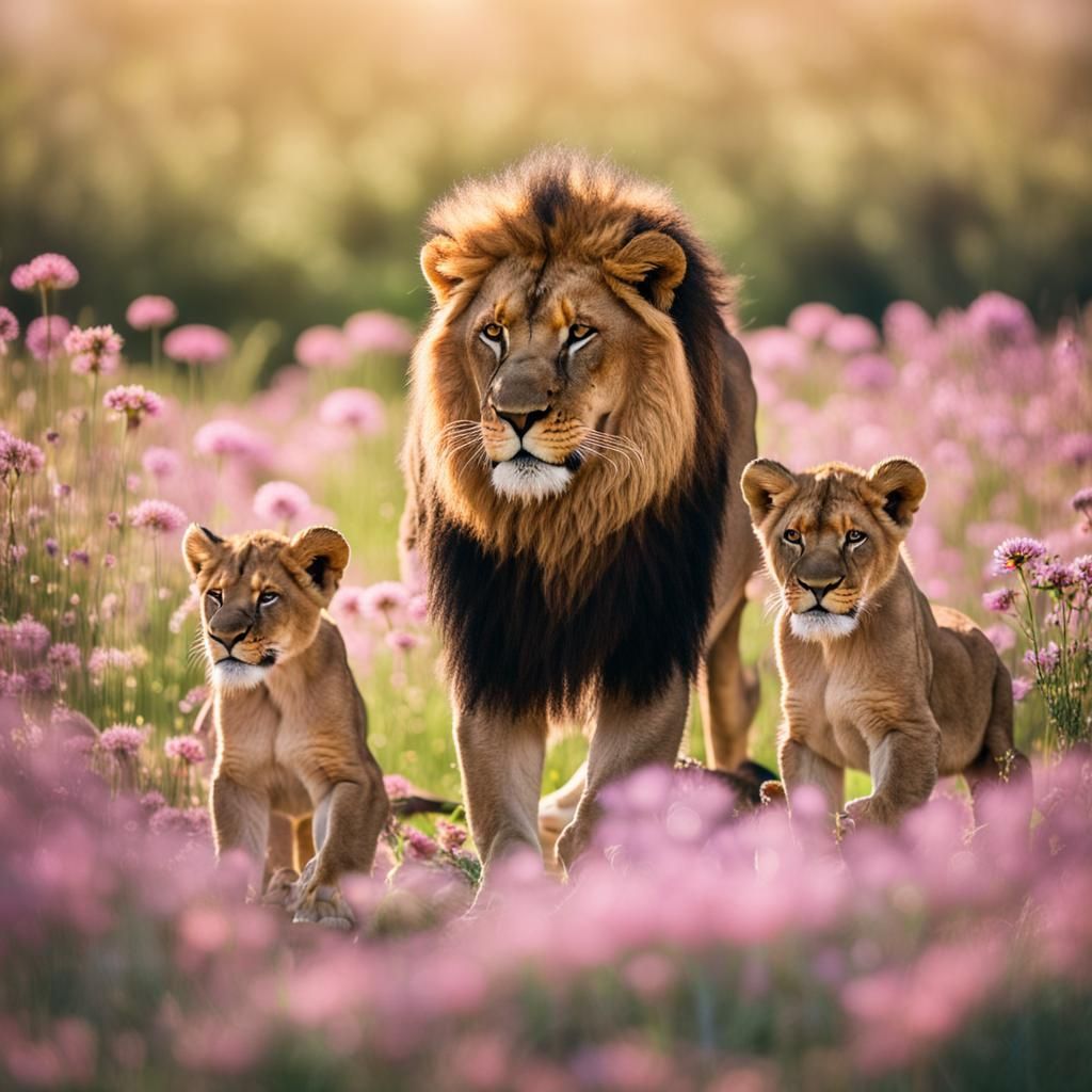 Lioness and Cubs in a Flower Field