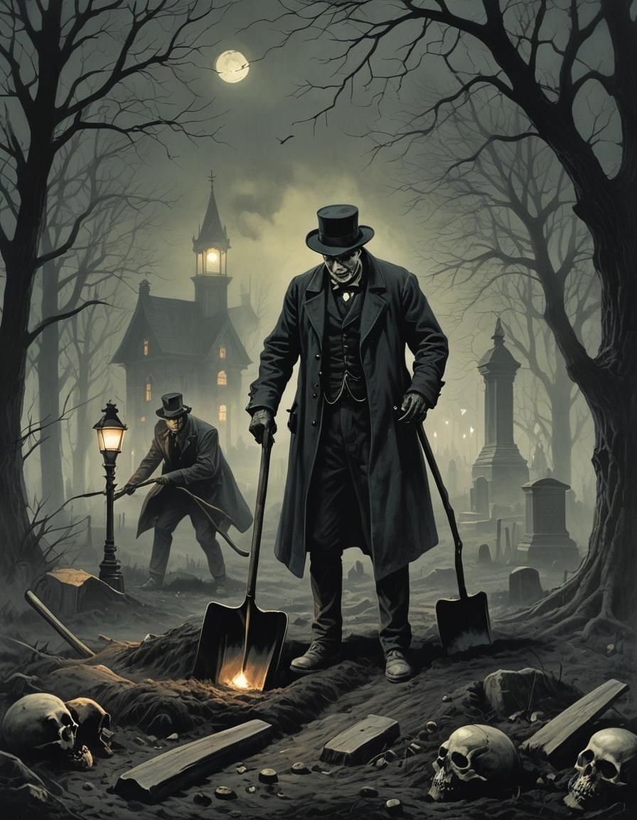 Gothic Victorian Grave Digging Illustration