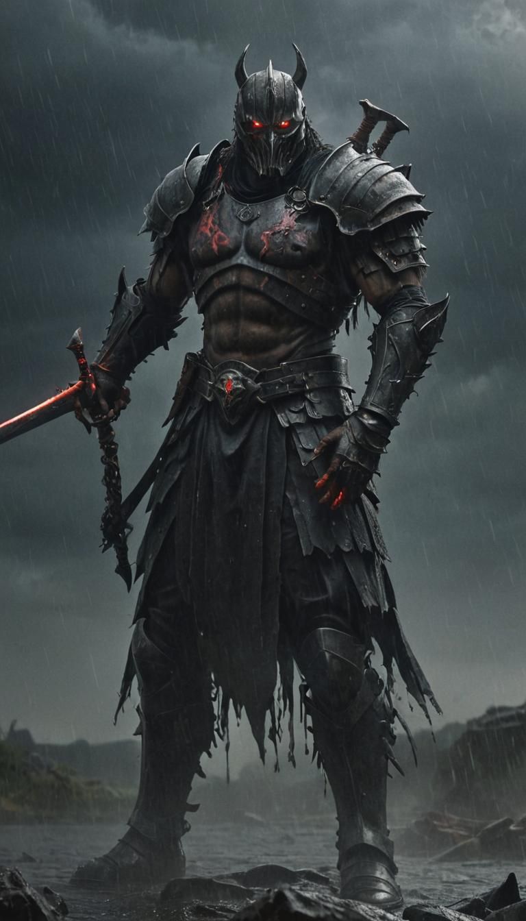 Dark Fantasy Warrior on Battlefield with Jagged Blade