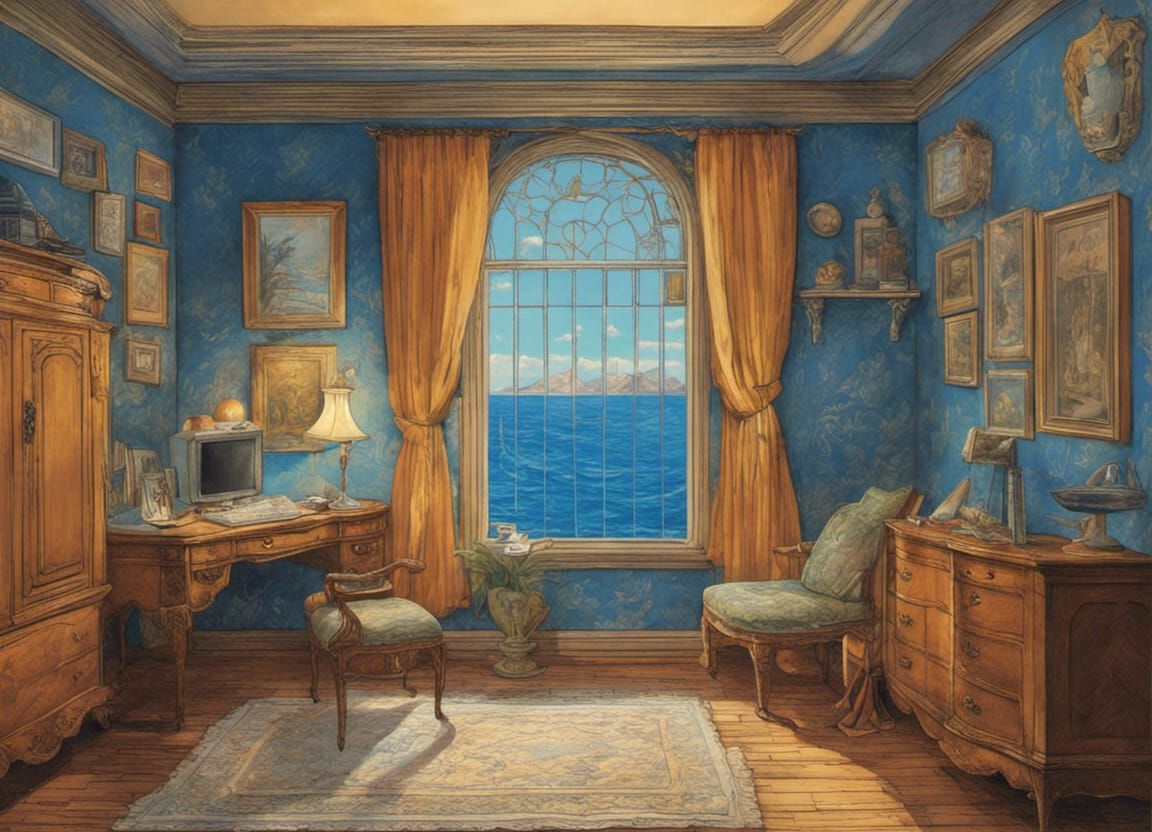 Surreal Submerged Teen Bedroom in Geometric Cel-Shaded Style