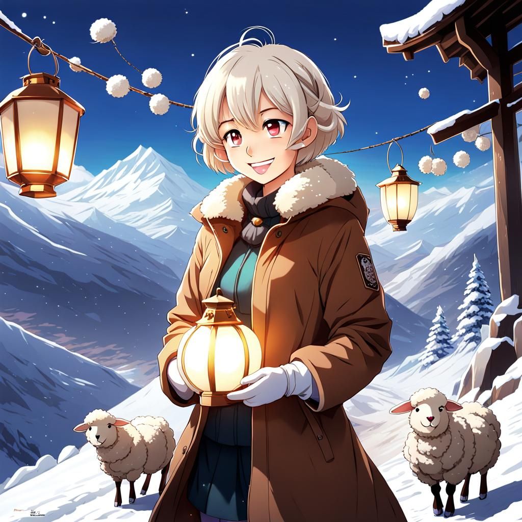 Anime Girl Guiding Sheep Through Snowy Mountains
