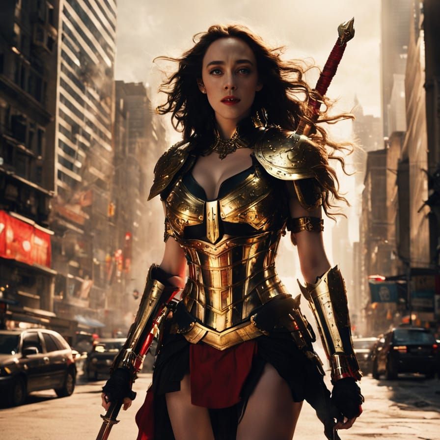 Cyberpunk Warrioress in Red Bikini and Gold Armor Soars Abov...