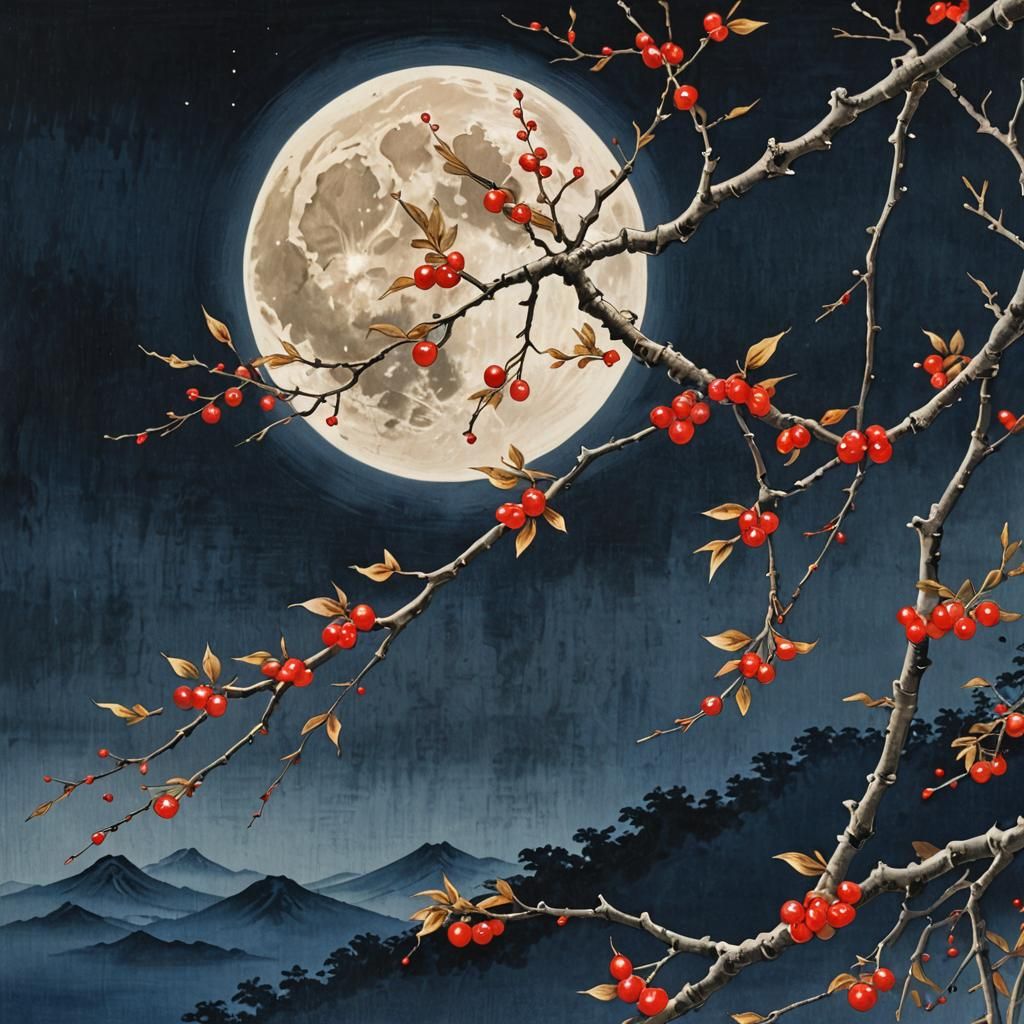painting of a full moon and a tree branch with red berries, ...