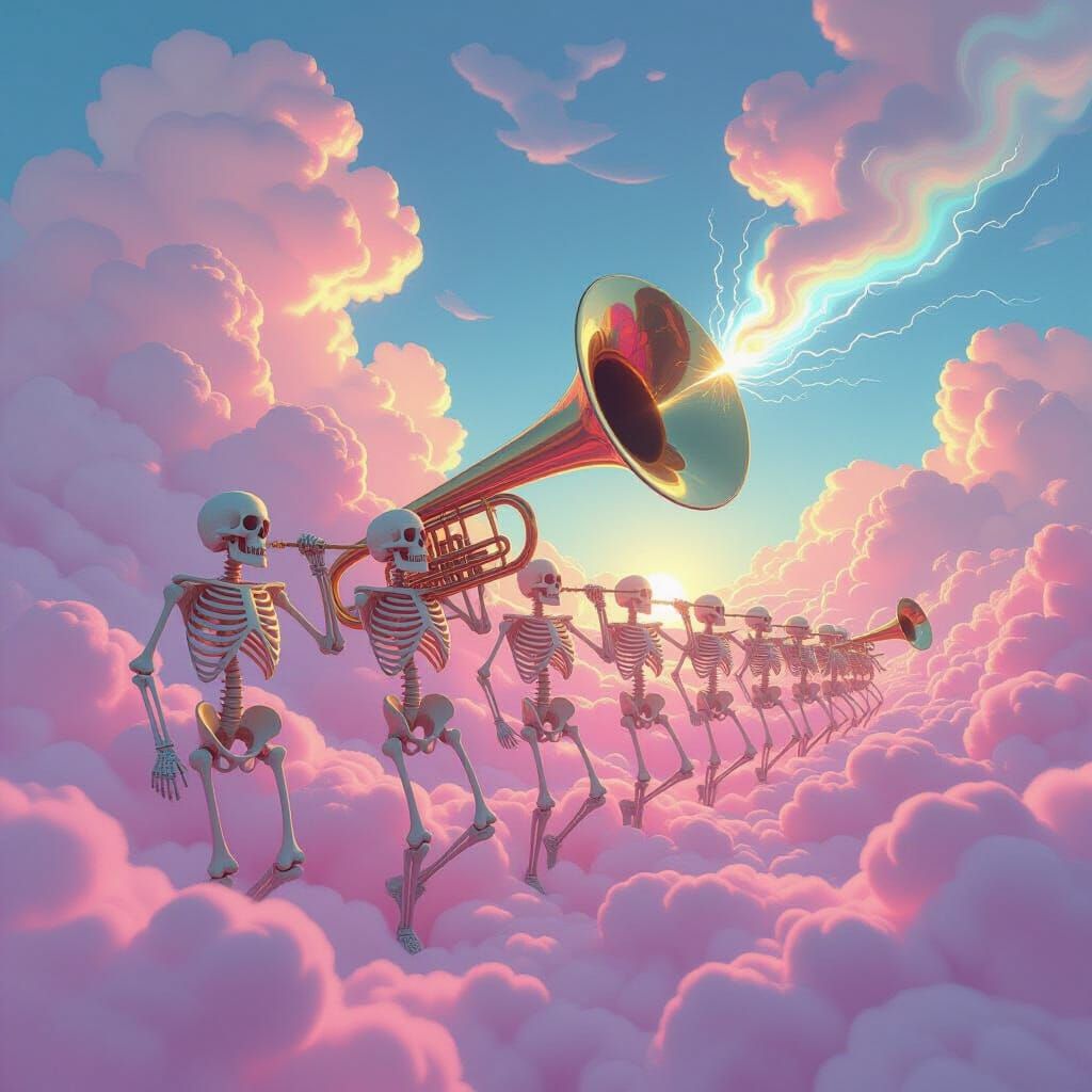 Skeletal Sailors March Through Cotton Candy Clouds