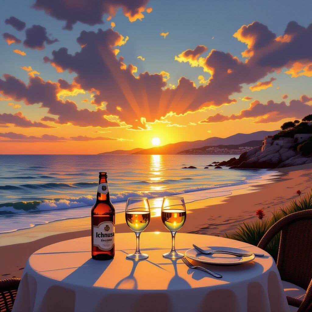 Sunset Toast at Poetto Beach: Golden Hour Digital Painting