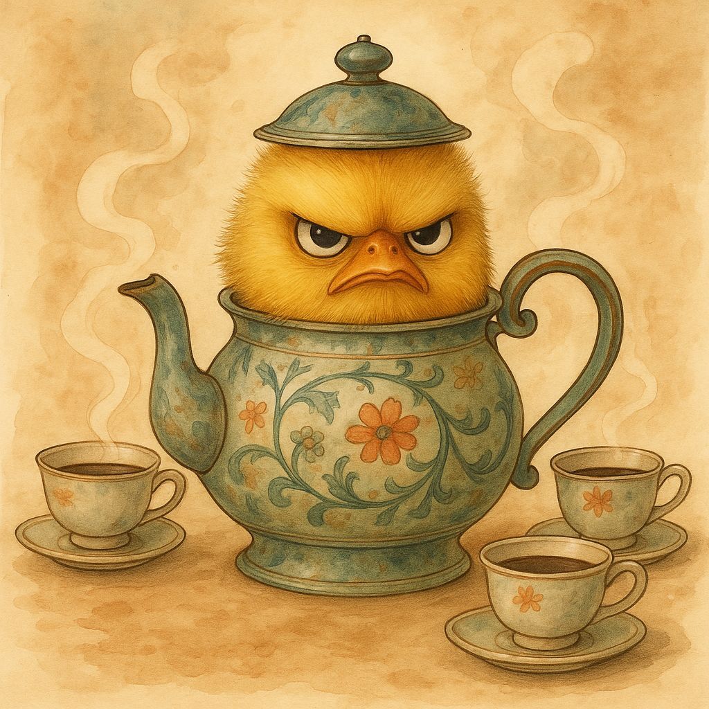 Grumpy Chicken in Teapot: Watercolor Illustration
