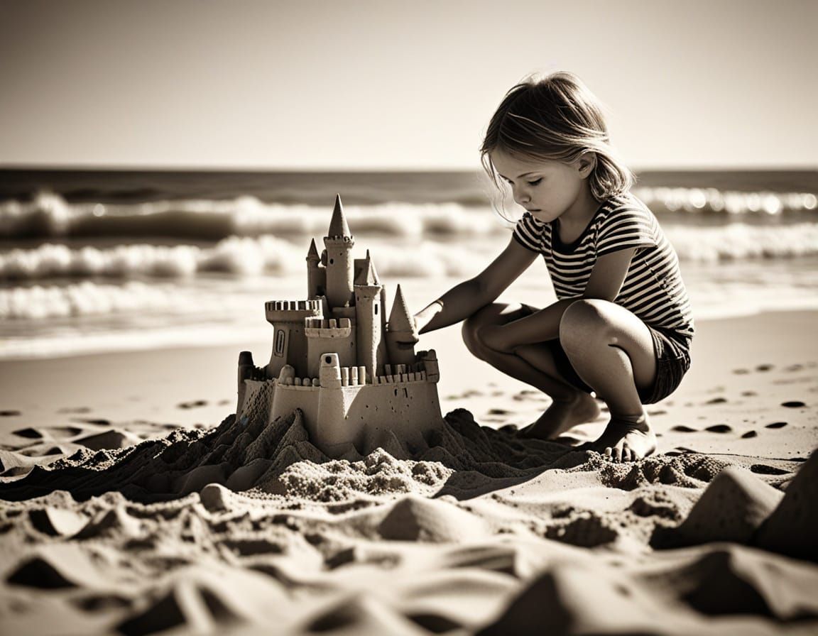 Girl Building Sandcastle in Vintage Photography Style