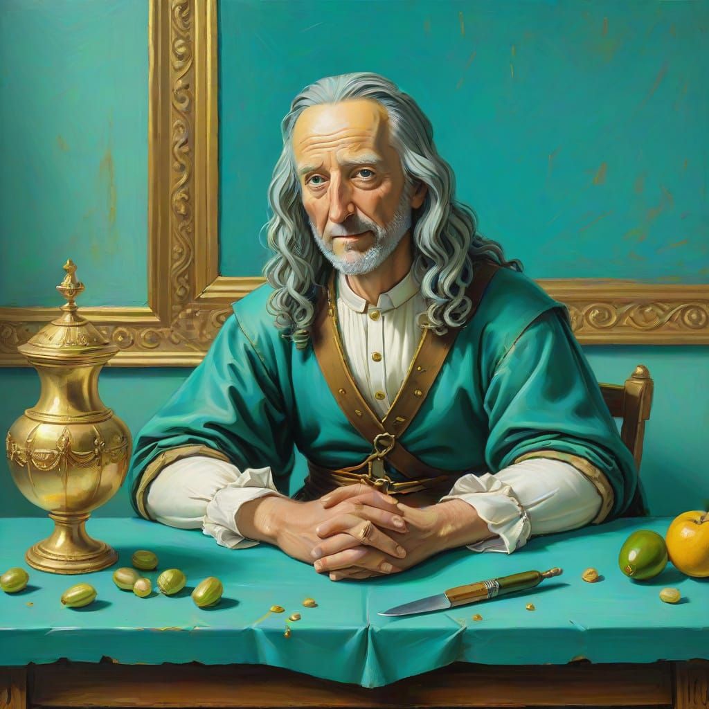 Pickle Rick as Renaissance Painting in Turquoise