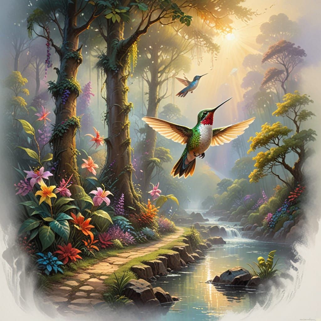 Hummingbird in Tropical Oasis: Impressionist Gouache Paintin...