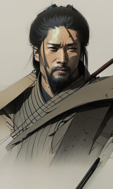 Ronin in Japanese Garden: Pencil Sketch Illustration