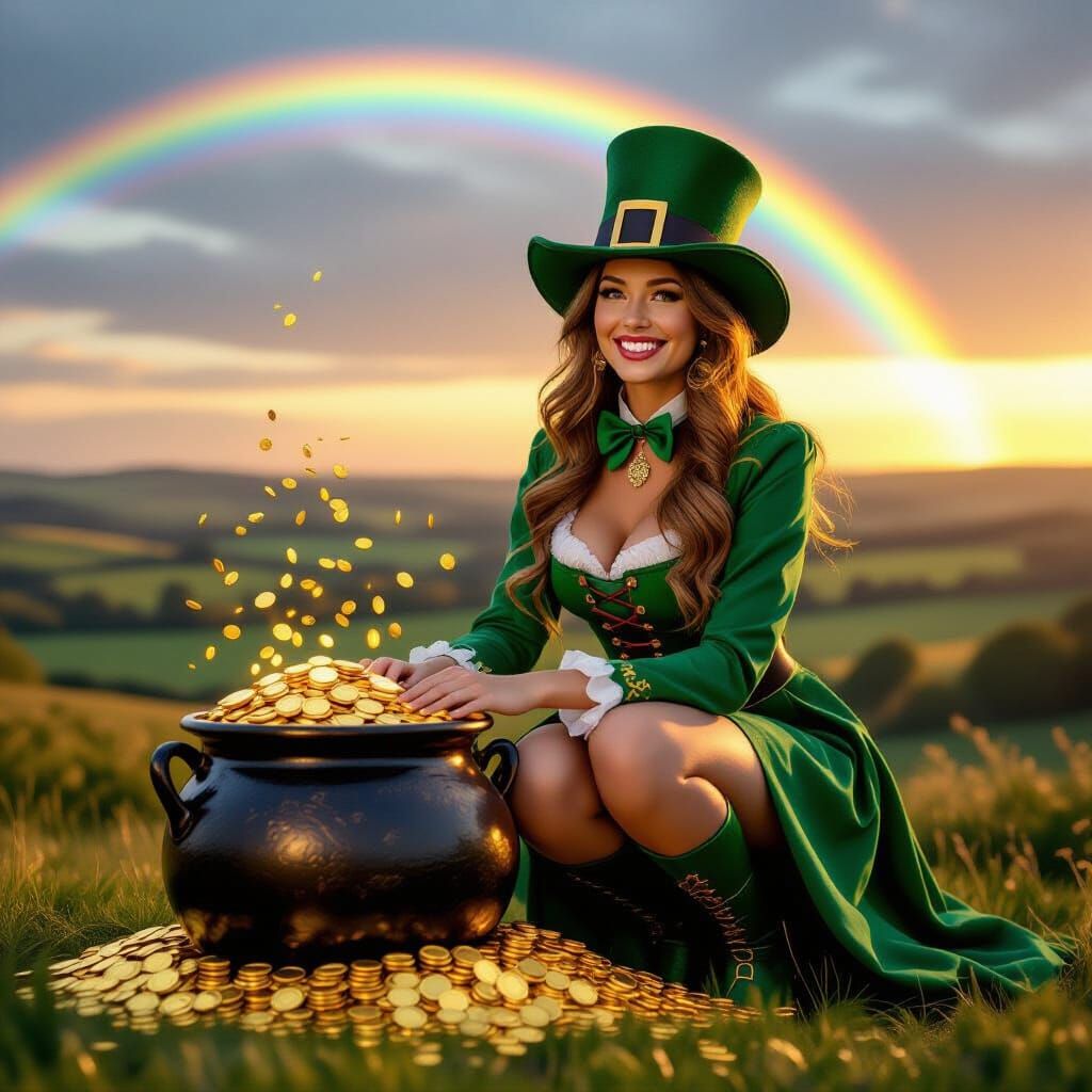 Leprechaun Woman with Pot of Gold Under Rainbow