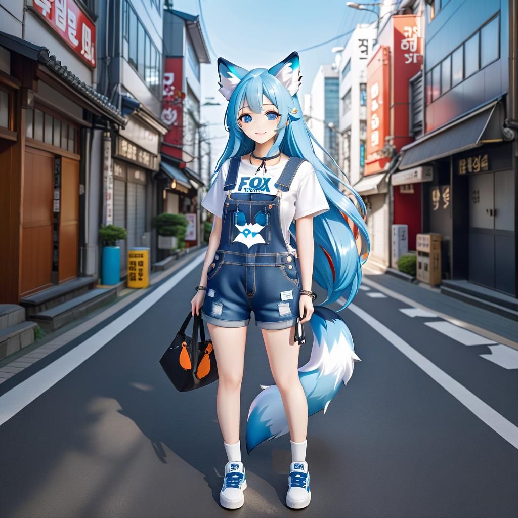 Anime Fox-Girl in Seoul Wearing Overalls