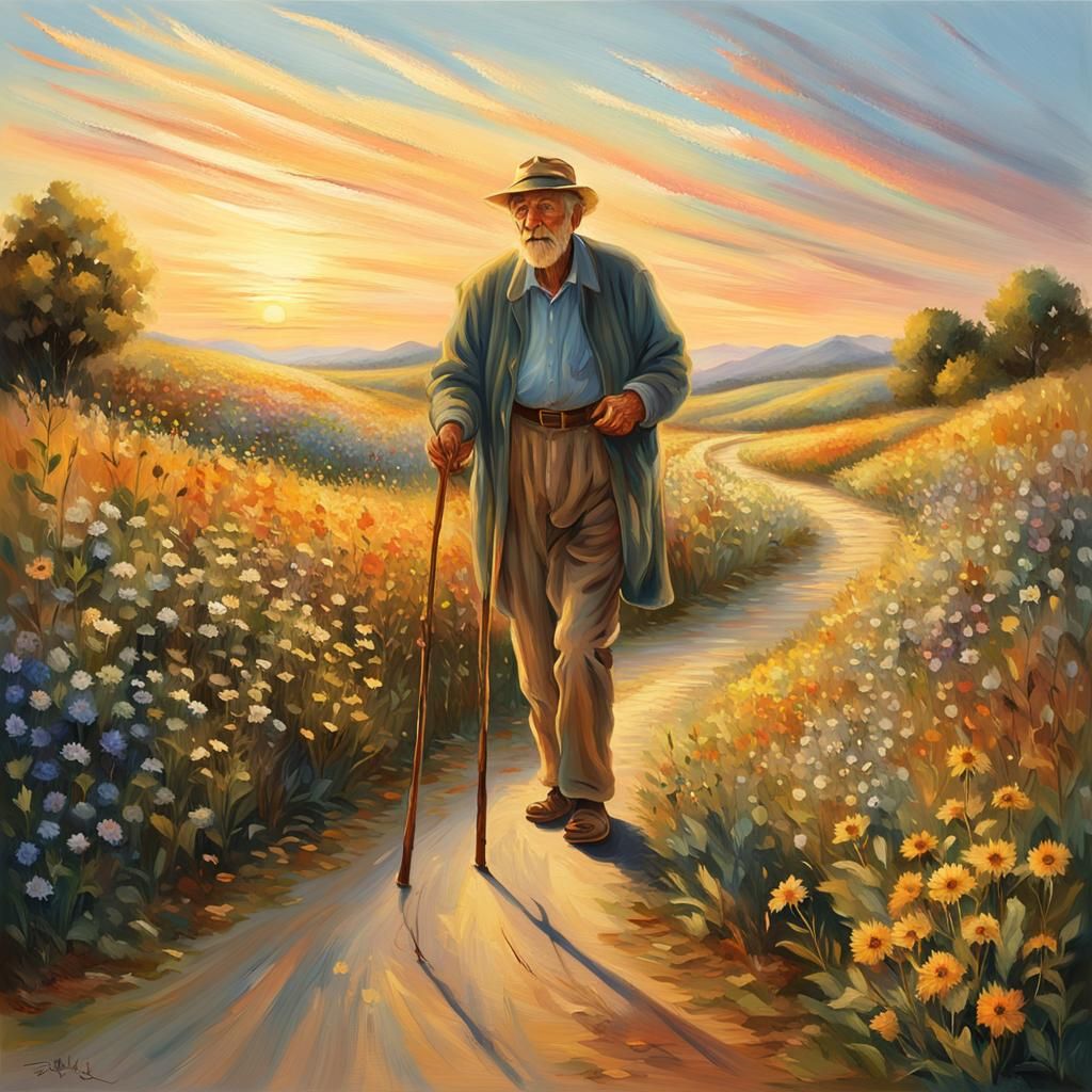Impressionistic Old Man Walking at Sunrise