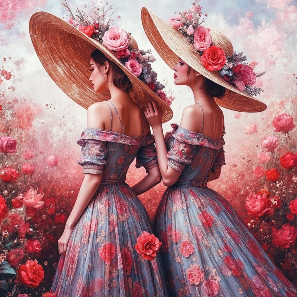 Elegant Women in Floral Dresses, Impressionistic Style