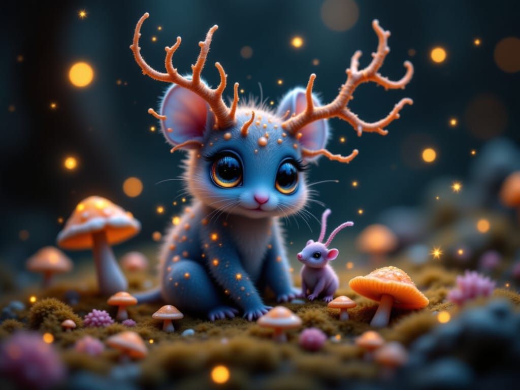 Surreal Forest Scene with Tiny Mouse and Elephant