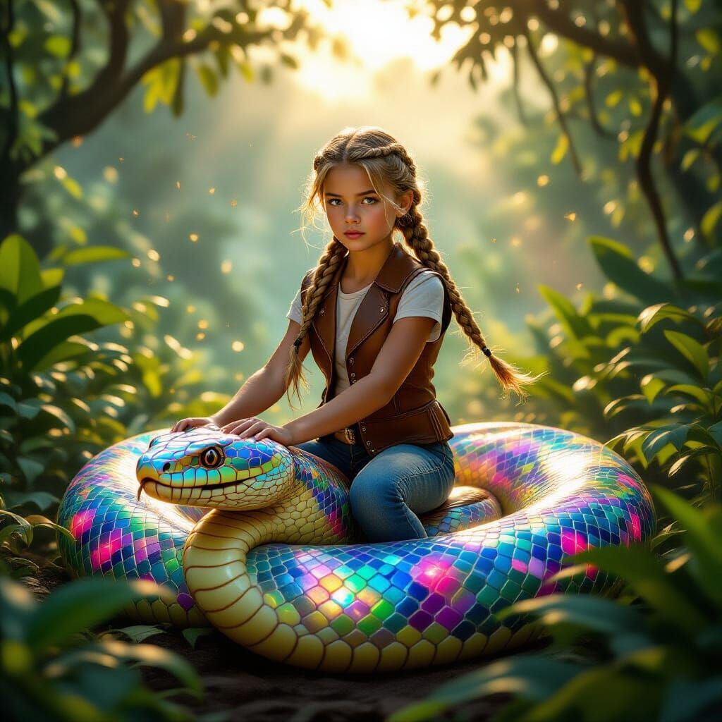 Girl Rides Giant Flower Snake in Misty Jungle