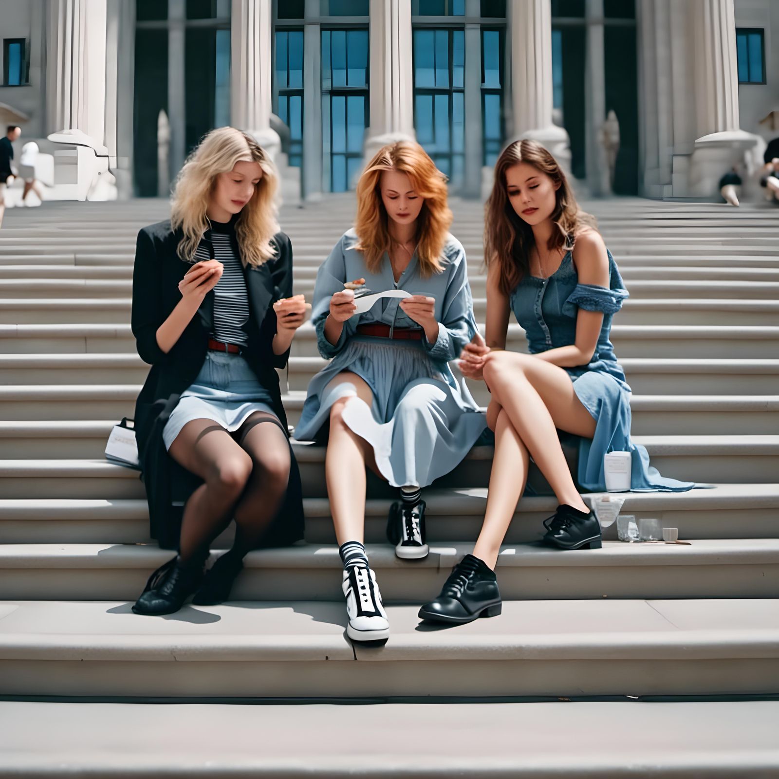 Women in Miniskirts Enjoying Lunch in Summer Light