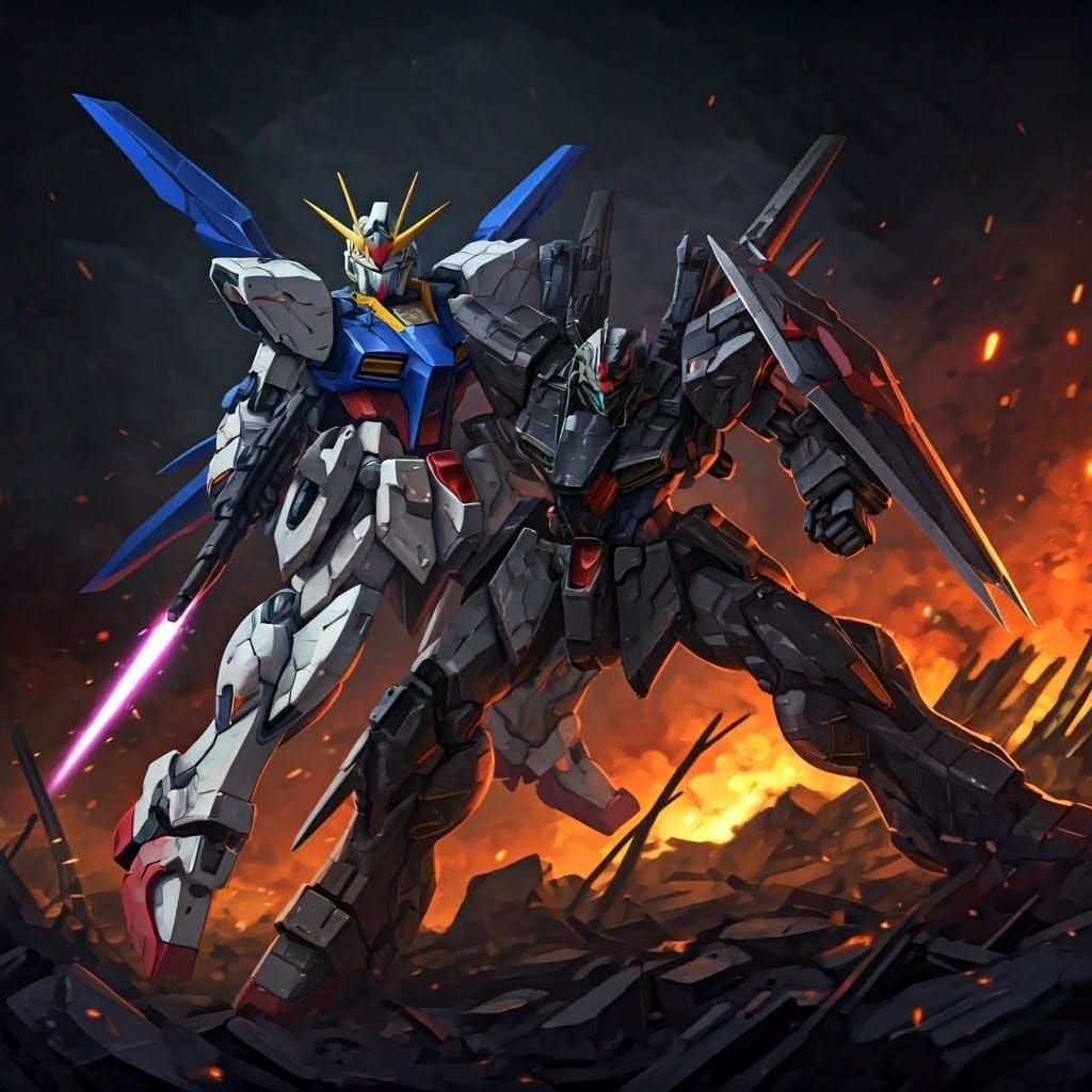 Gundam Aerial vs Barbatos: Anime Battle in Ruined City