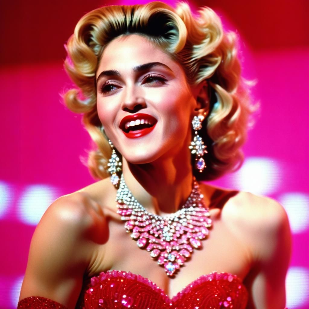 Madonna in Pink Ballgown: Hyperrealistic Stage Portrait