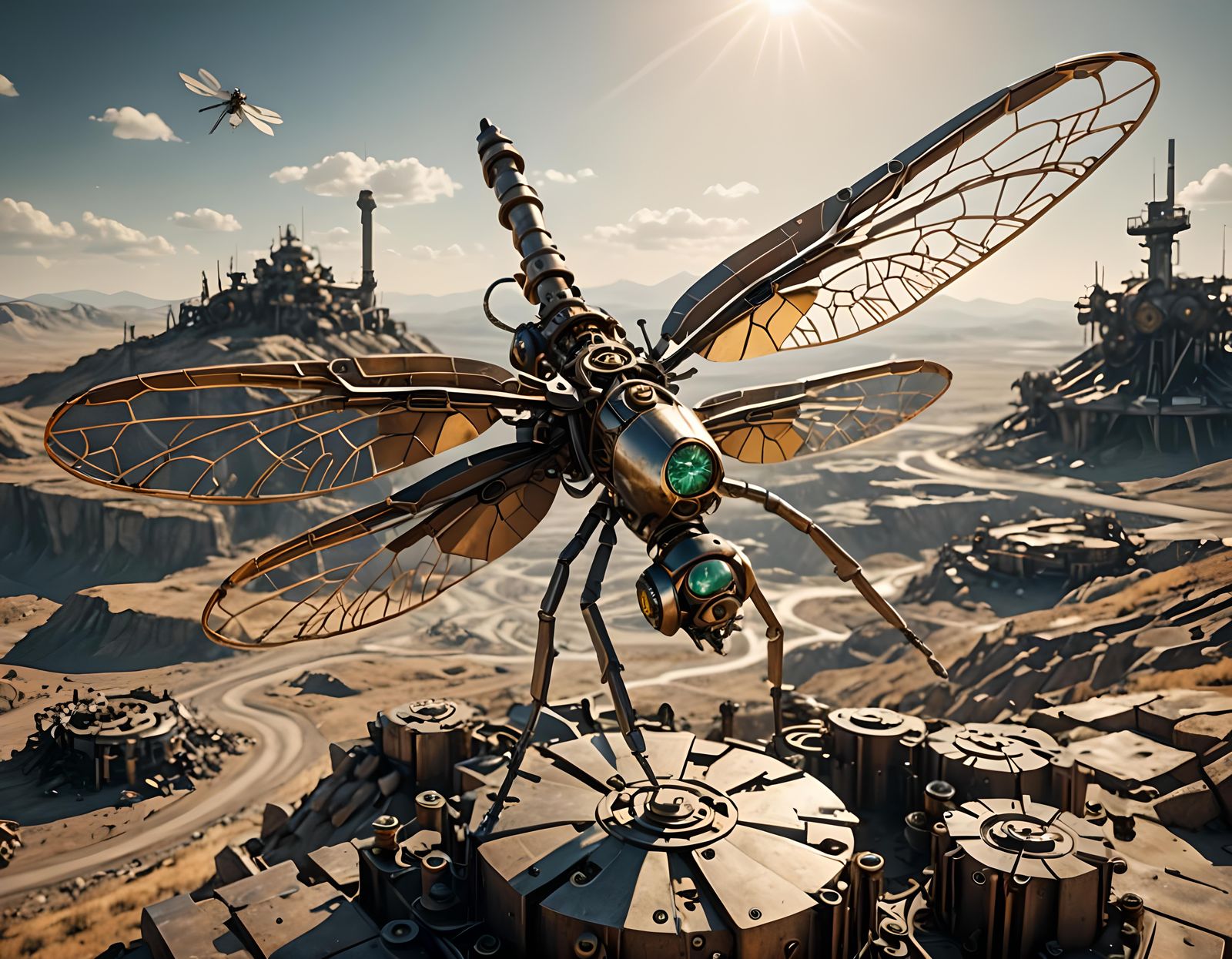 Mechanical Dragonfly Over Barren Dystopian Landscape