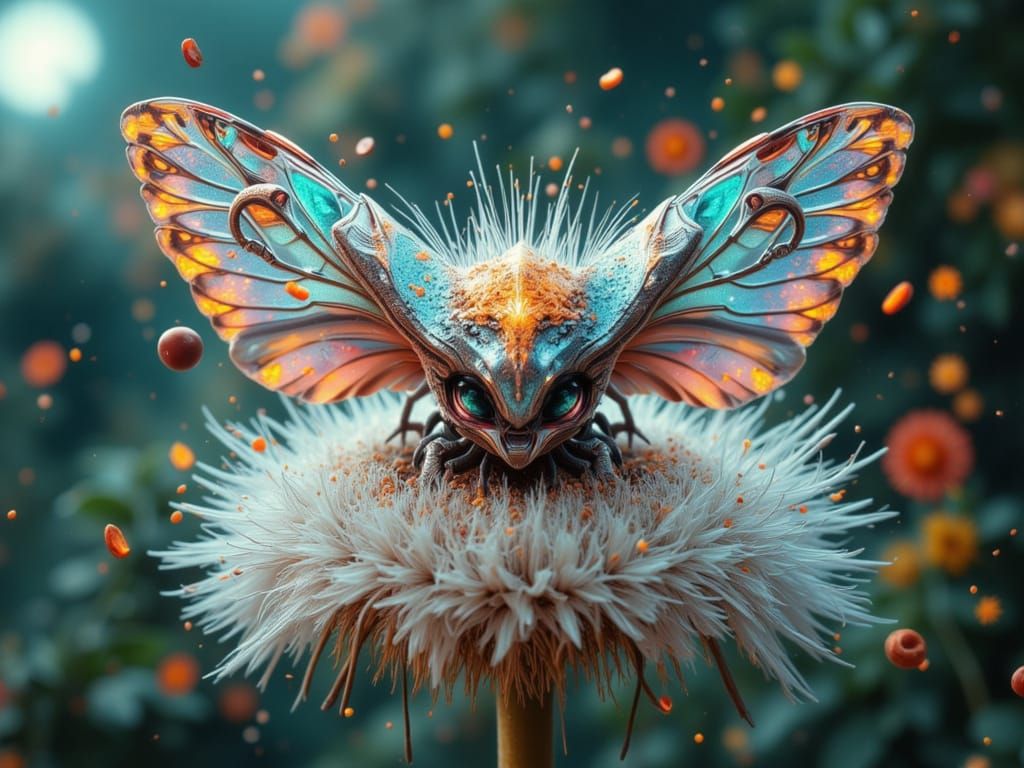 Glittering Alien Butterfly on a Vibrant Dandelion