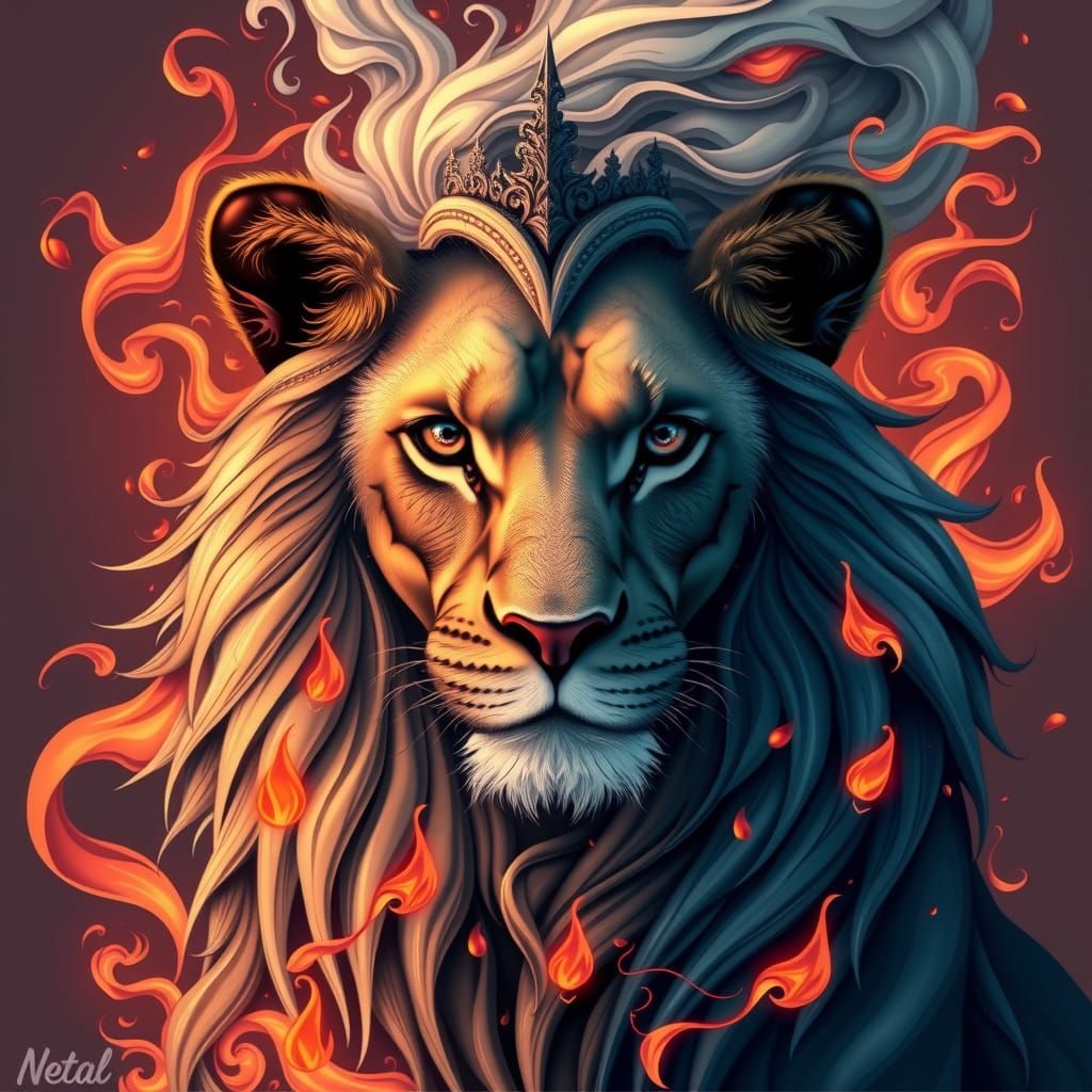 Regal Lioness with Smoke Crown in Abstract Vector Art