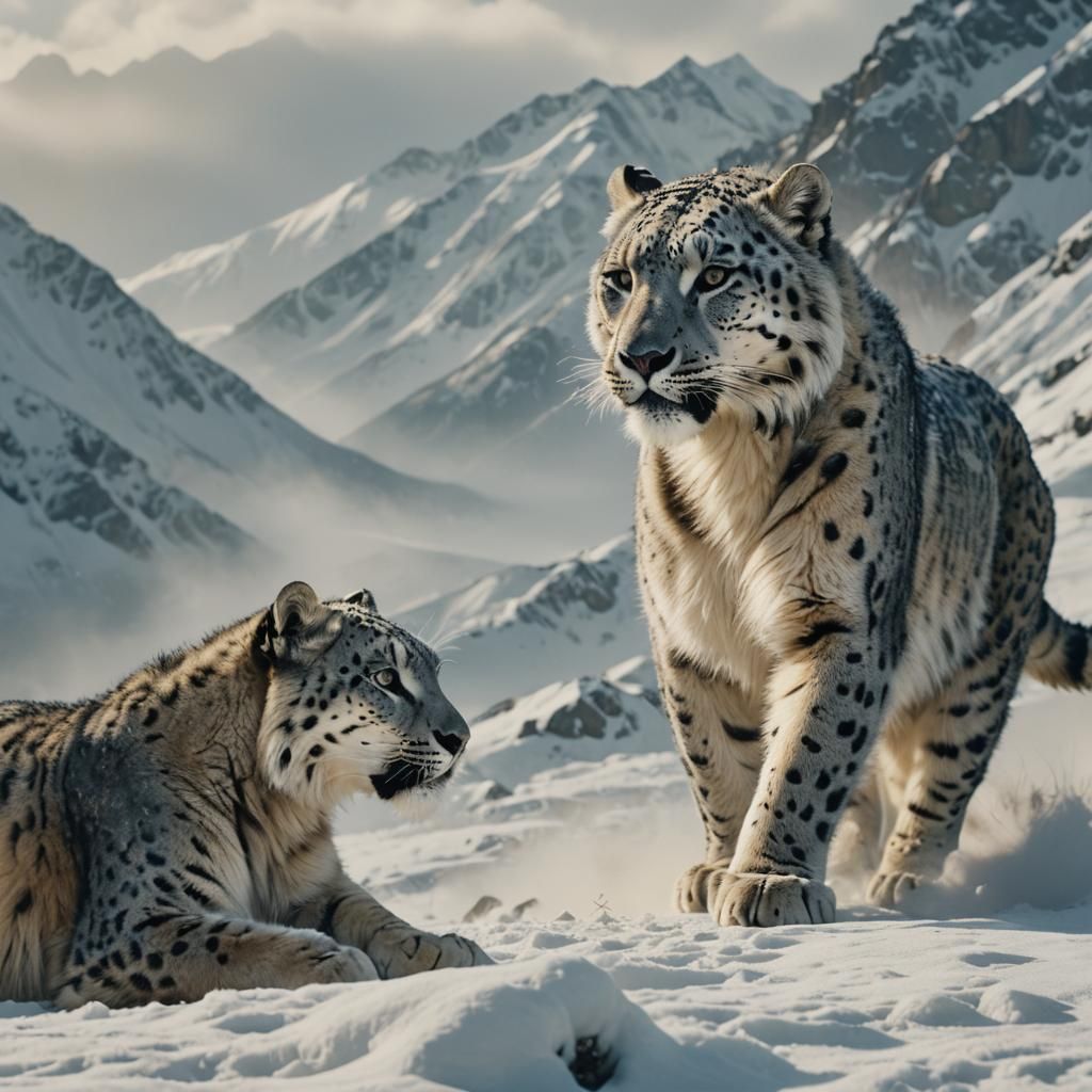 Snow Leopard and Tiger Playing in Snowy Mountains