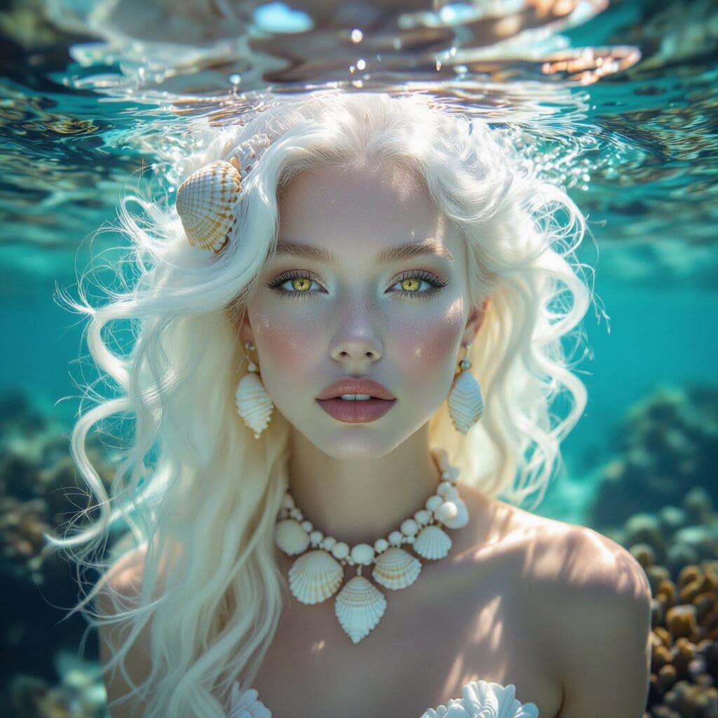 Ethereal Albino Woman in Coral Reef Dreamscape