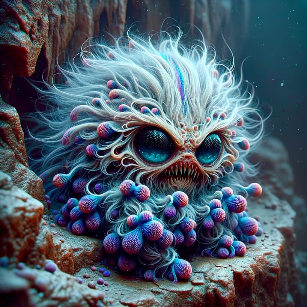 Tiny Fluffy Creature with Neon Stripes and Watery Eyes